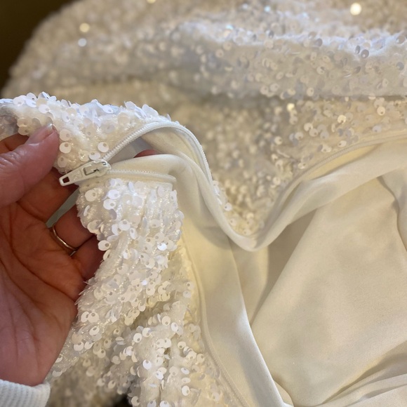 ASOS LUXE one shoulder asymmetric draped mini dress in white sequin - Picture 11 of 11